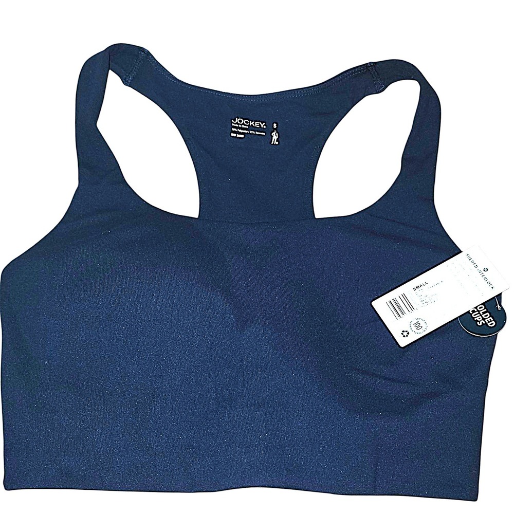 Jockey Sueded Interlock Sports Bra Navy Blue Molded Cups Racerback Womens Small